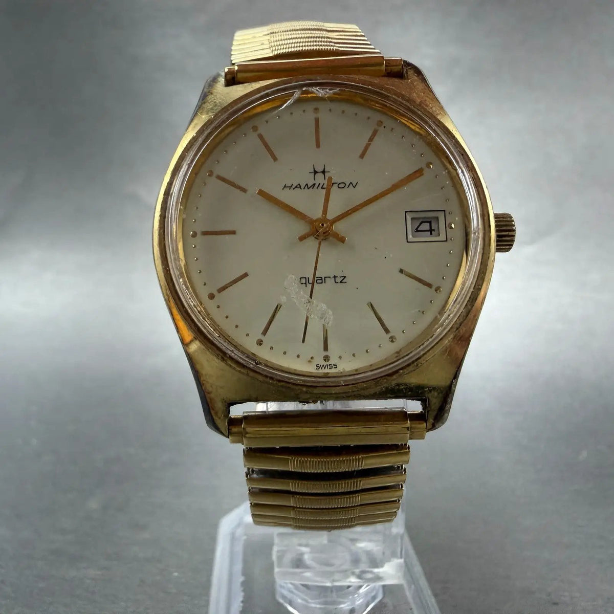 Hamilton Watch Men 34mm Cream Dial Gold Tone Date Round NO CASEBACK New Battery5