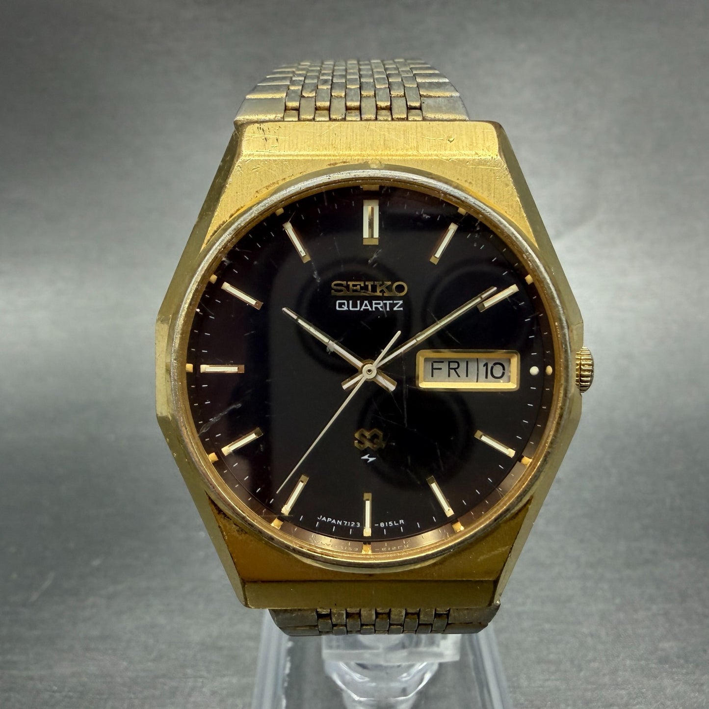 Seiko SQ Watch Men 35mm Brown Dial Gold Tone Daydate 7123-8140 New Battery0