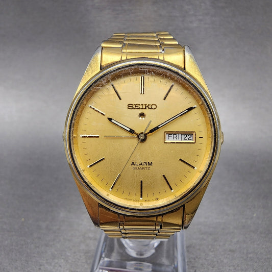 Seiko Alarm Watch Men 34mm Gold Dial Gold Tone Daydate Round 5C23-8009 New Batt