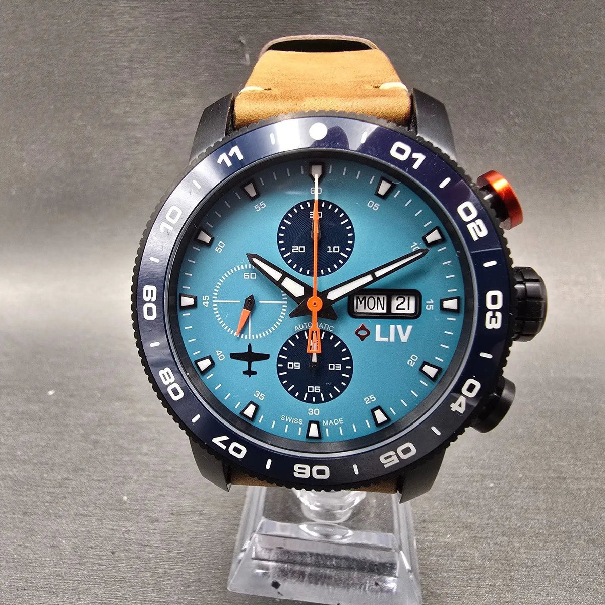 LIV P-51 Cripes A Mighty Chronograph Watch Men 46mm Blue Dial Titanium Automatic0