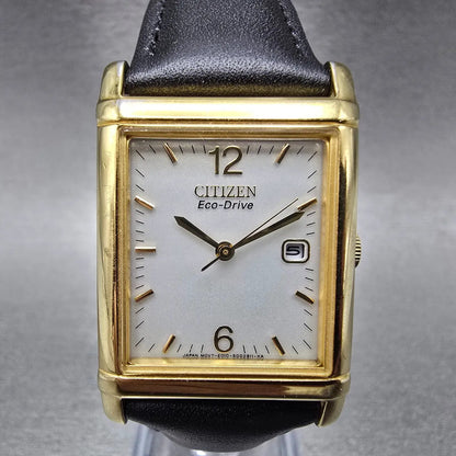 Citizen Eco-Drive Tank Watch Men 25mm White Dial Gold Rectangle Date Runs JP 340