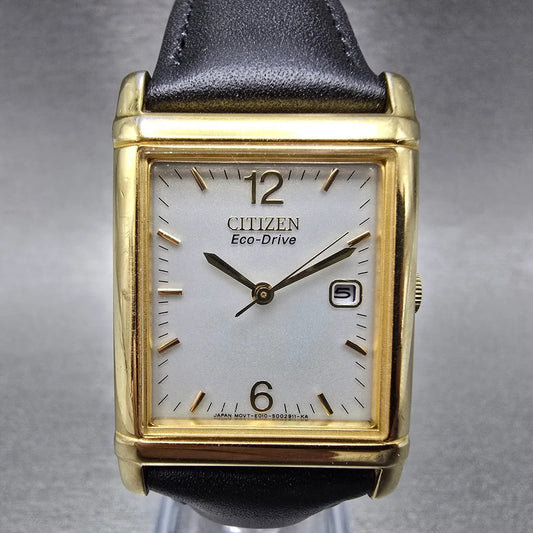 Citizen Eco-Drive Tank Watch Men 25mm White Dial Gold Rectangle Date Runs JP 340