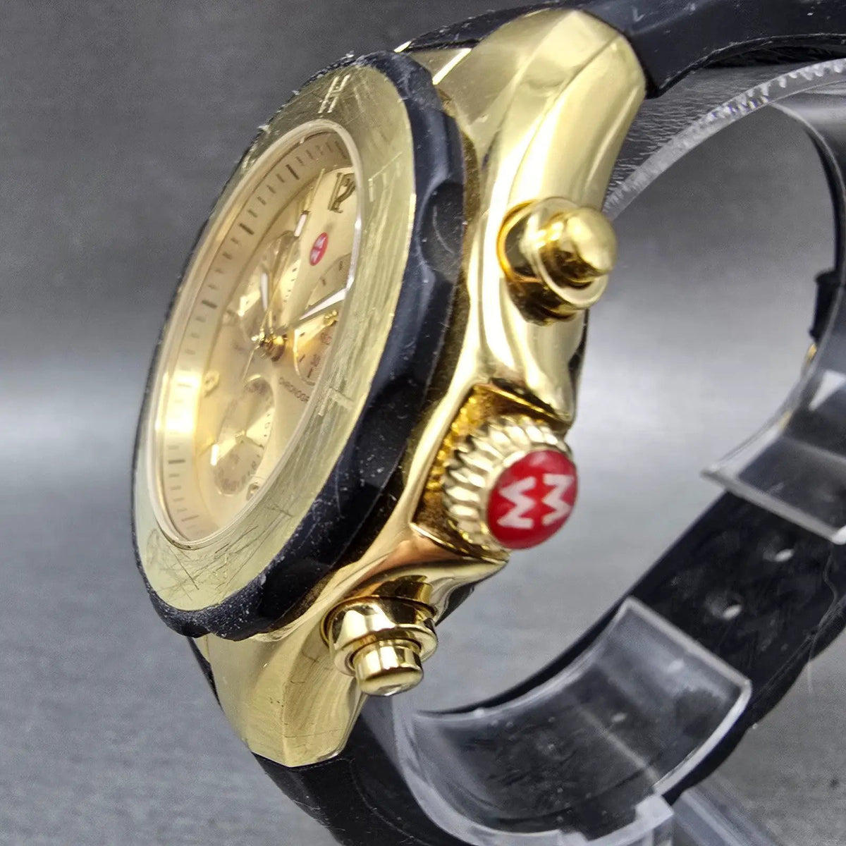 Michele Tahitian Chronograph Watch Women 40mm Black Dial Gold Date New Battery2