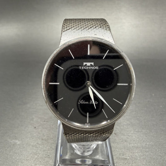 Technos Silver Elite Watch Men 33mm Black Dial Sterling Silver 925 Round PARTS0