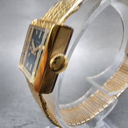 Timex Tank Watch Women 17mm Green Dial Gold Tone Rectangle Manual Wind Runs2