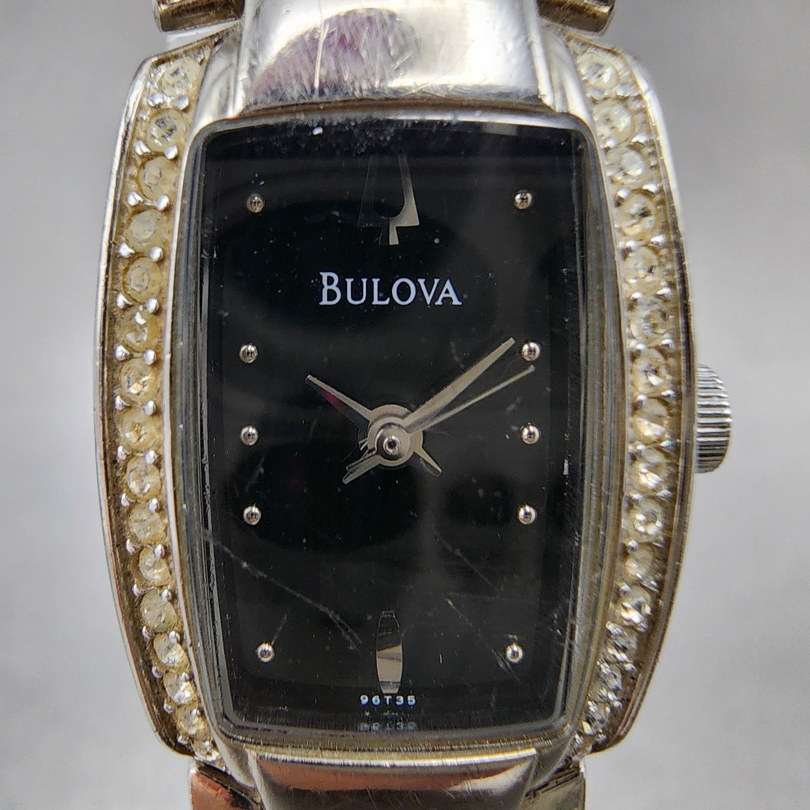 Bulova Tank Watch Women 17mm Black Dial Steel Rectangle Crystals 96T35 New Batt1