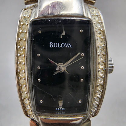 Bulova Tank Watch Women 17mm Black Dial Steel Rectangle Crystals 96T35 New Batt1
