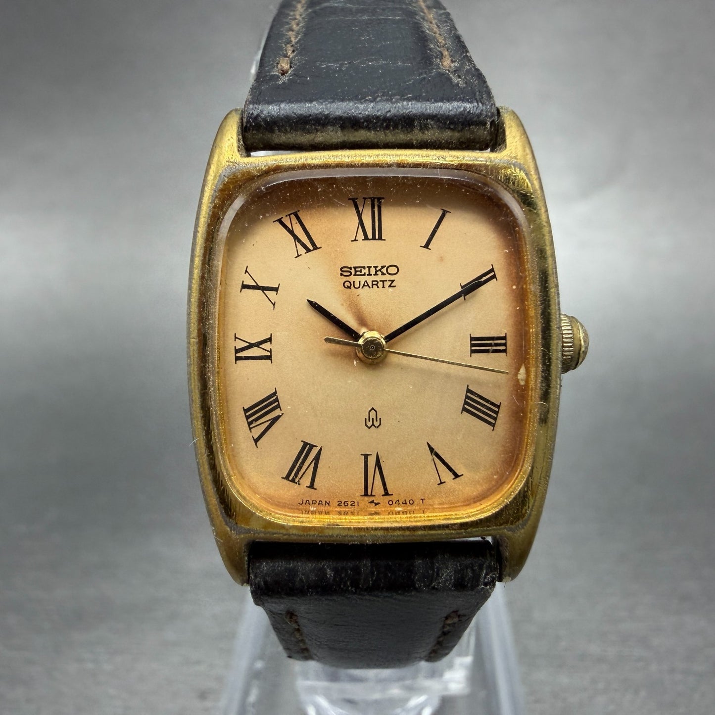 Seiko Tank Watch Men 20mm Champagne Dial Gold Tone Rectangle 2621-5220 New Batt0