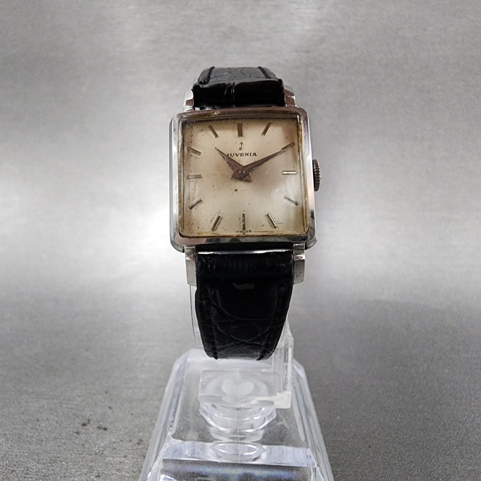 Juvenia Tank Watch Women 21mm Champagne Dial Silver Tone Rectangle Manual Wind6