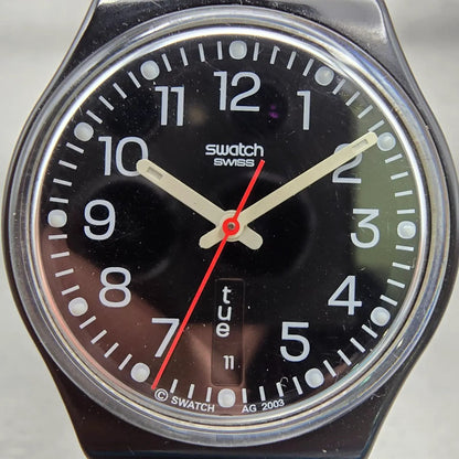 Swatch RED SUNDAY Watch Men Black Dial Black Tone Daydate GB750 New Battery1