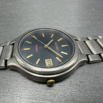Seiko Watch Men 37mm Blue Dial Titanium Date Round Bracelet 7N428109 PARTS4
