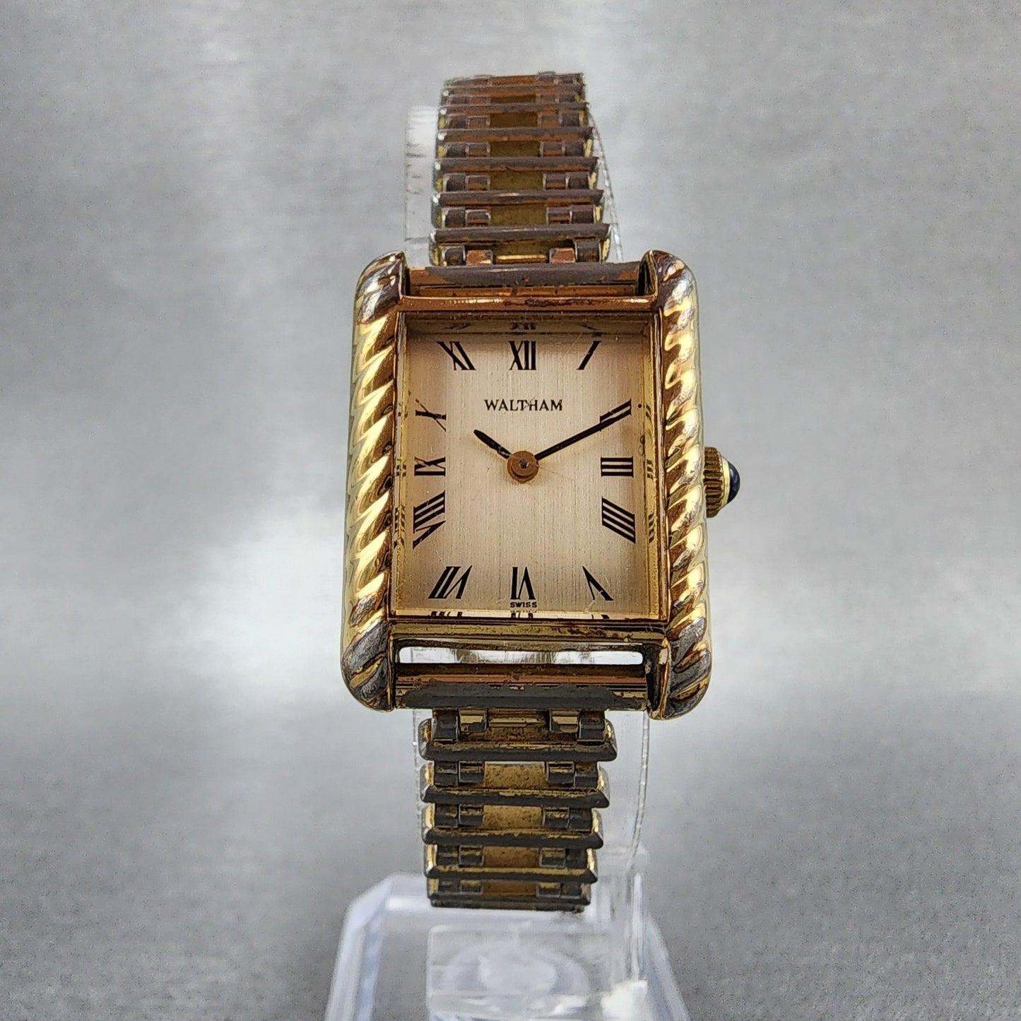 Waltham Tank Watch Women 21mm Champagne Dial Gold Tone Rectangle Manual Runs5