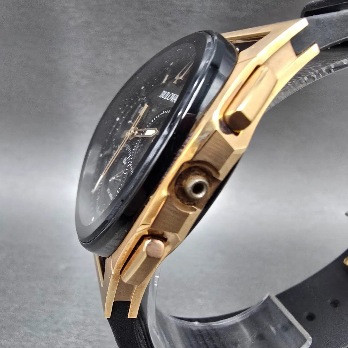 Bulova CURV Chronograph Watch Men 44mm Black Dial Roes Gold 98A185 PARTS3