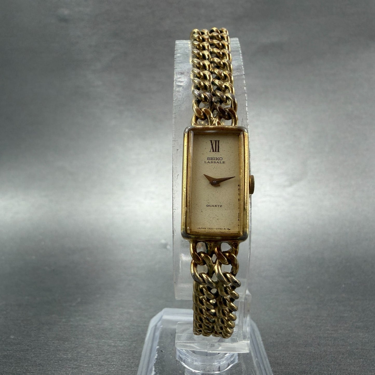 Seiko Lassale Tank Watch Women 12mm Champagne Dial Gold Tone 1320-5259 New Batt6