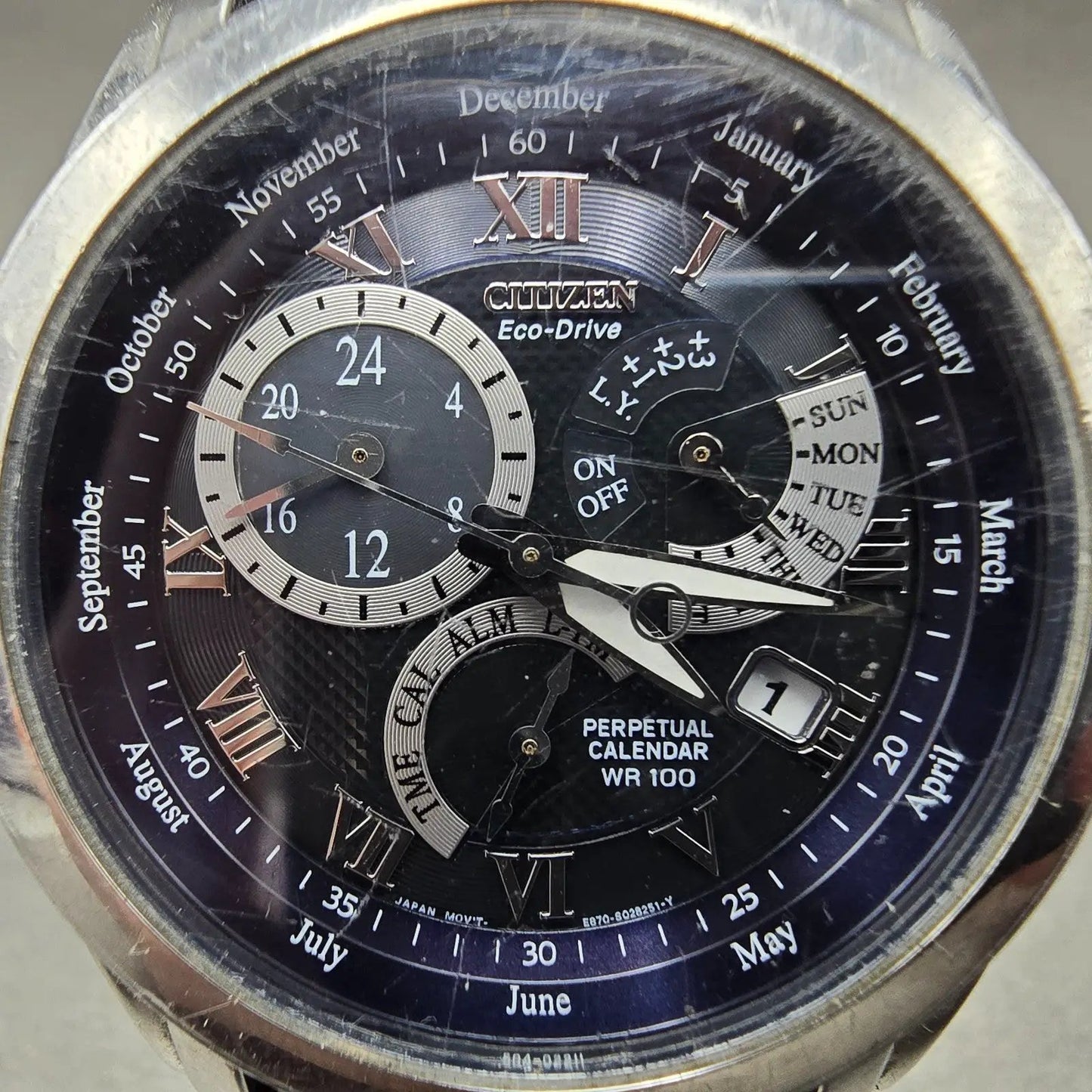 Citizen Eco-Drive Perpetual Calendar Watch Men 39mm Blue Dial Steel Alarm Runs J1