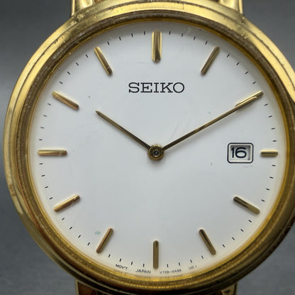 Seiko Watch Men 34mm White Dial Gold Tone Date Round V739-0A59 New Battery1