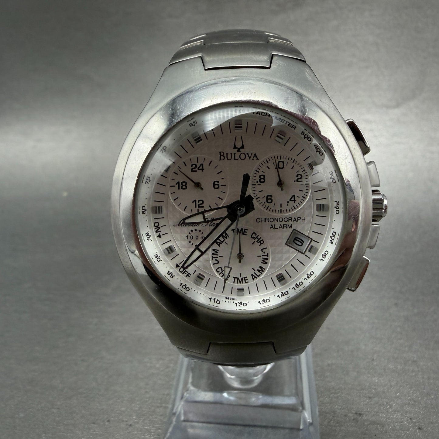 Bulova Marine Star Chrono Watch Men 47mm Silver Dial Silver Date 96B98 New Batt0