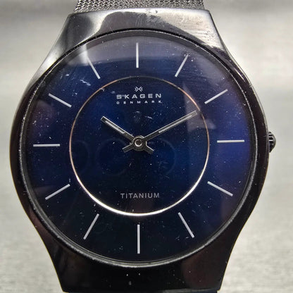 Skagen Denmark Watch Men 34mm Blue Dial Black Tone Titanium 233LTMN New BatteryG1