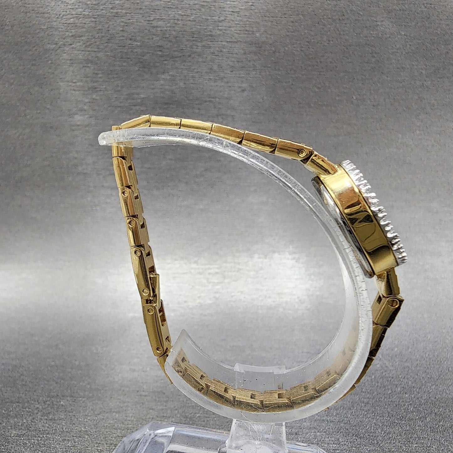 Jules Jurgenson Watch Women 15mm Gold Dial Gold Tone Oval Gem Set Bezel Runs8
