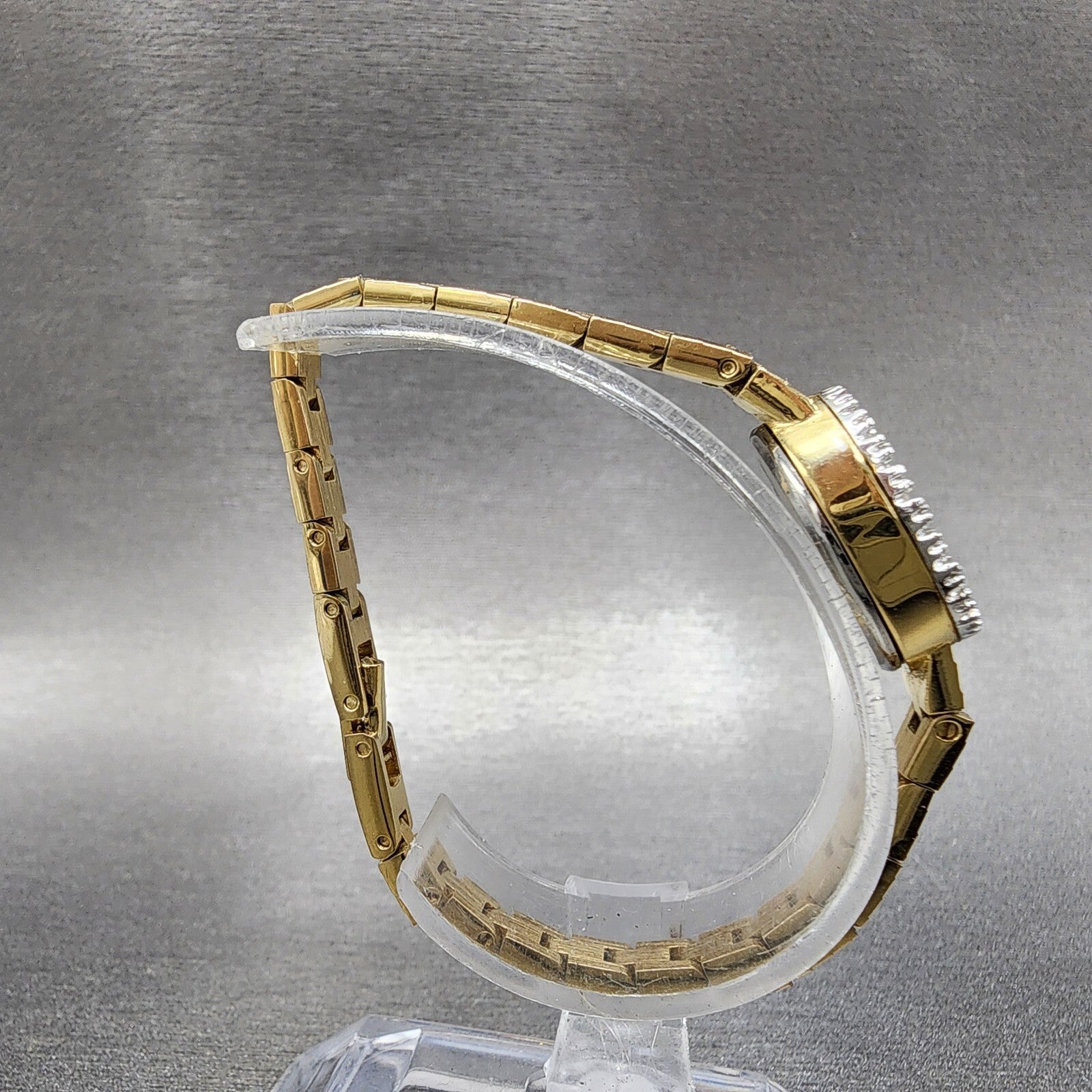 Jules Jurgenson Watch Women 15mm Gold Dial Gold Tone Oval Gem Set Bezel Runs8