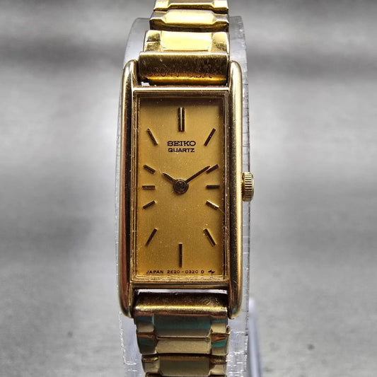 Seiko Watch Women 12mm Gold Dial Gold Tone Rectangle 2E20-5239 New Battery VTG0