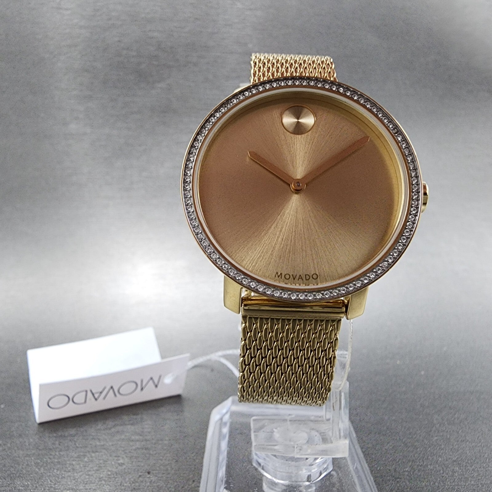 Movado Bold Shimmer Watch Women 34mm Gold Dial Gold Tone Crystal Bezel 36006565