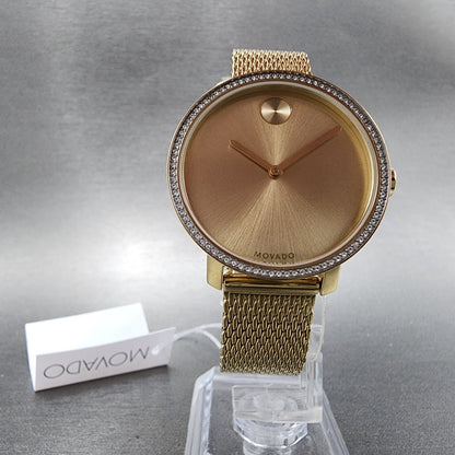 Movado Bold Shimmer Watch Women 34mm Gold Dial Gold Tone Crystal Bezel 36006565