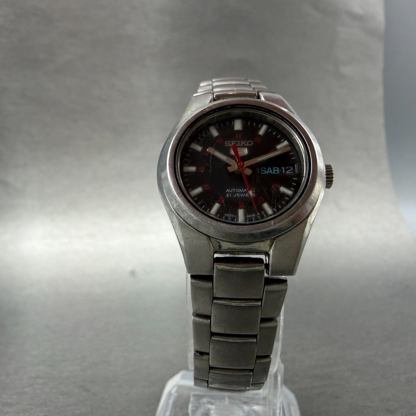 Seiko 5 Automatic Watch Women 24mm Black Dial Silver Tone Daydate 4207-0180 Runs5