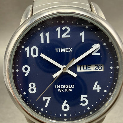 Timex Easy Reader Watch Men 35mm Blue Dial Silver Tone Round Daydate New Battery1
