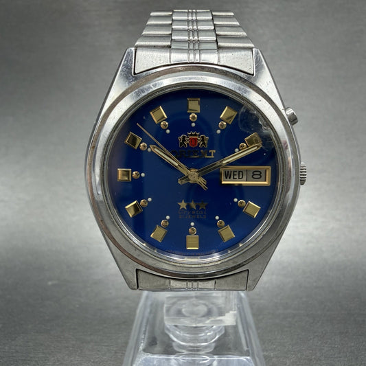 Orient Tri-Star Watch Men 36mm Blue Dial Steel Daydate Automatic Runs Crystal0