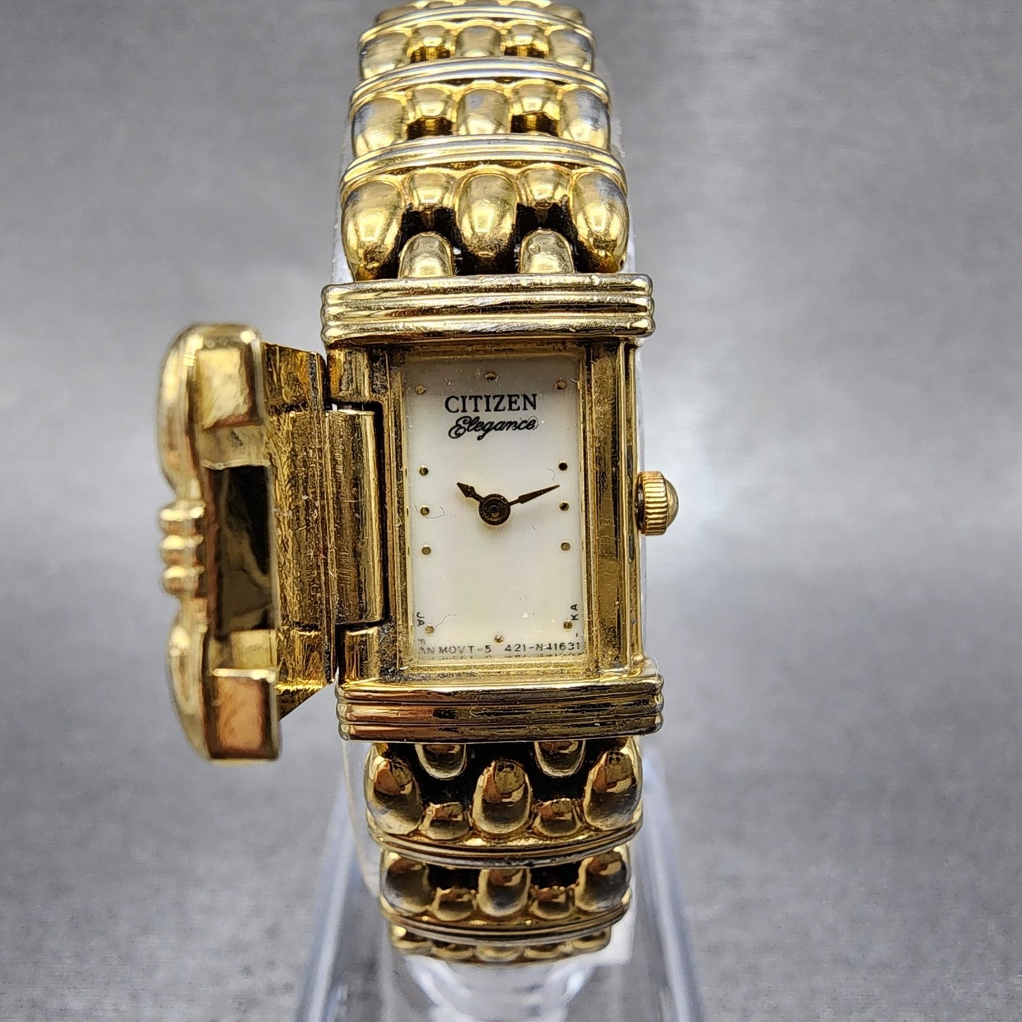 Citizen Elegance Tank Watch Women 14mm MOP Dial Gold Tone Flip Cover NewBattery0