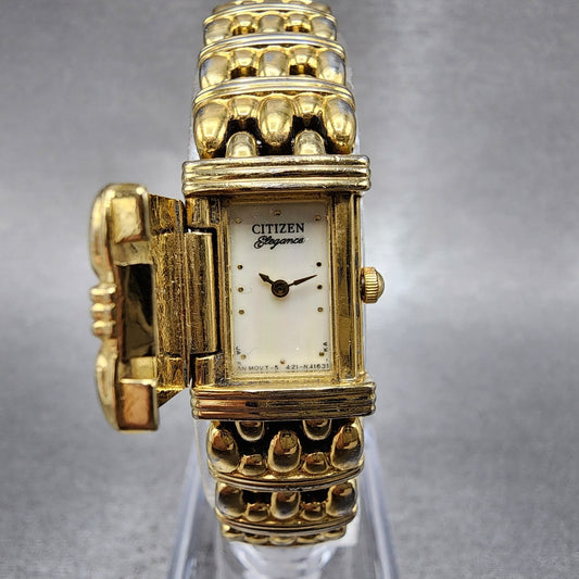 Citizen Elegance Tank Watch Women 14mm MOP Dial Gold Tone Flip Cover NewBattery0