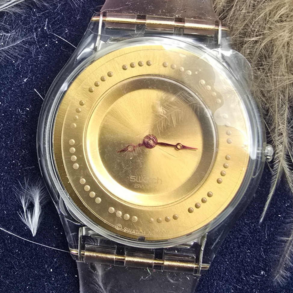 Swatch Plume de Fête Watch Men 34mm Gold Dial Clear Case SFK136 New Battery NOS2
