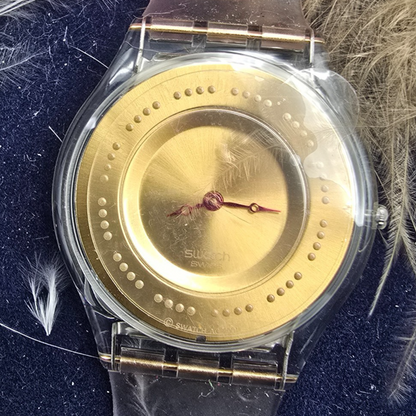 Swatch Plume de Fête Watch Men 34mm Gold Dial Clear Case SFK136 New Battery NOS2