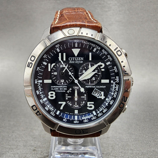 Citizen EcoDrive Chronograph Watch Men 43mm Blue Dial Titanium Date Round RunsA0