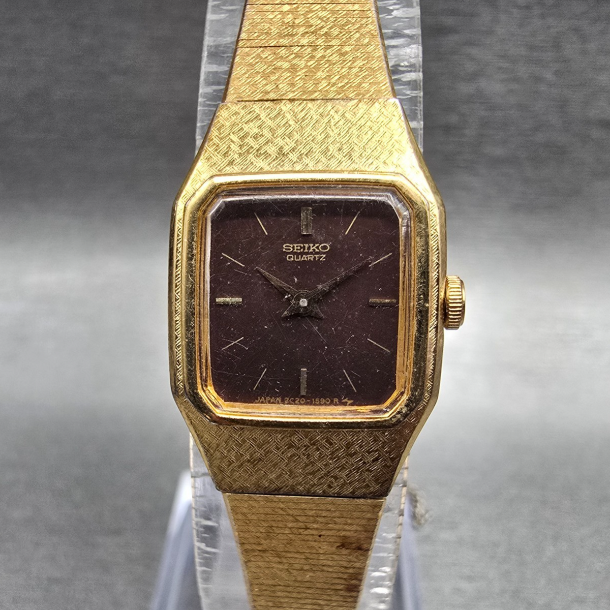 Seiko Watch Women 17mm Brown Dial Gold Tone Rectangle 2C20-5789 New Battery JP340