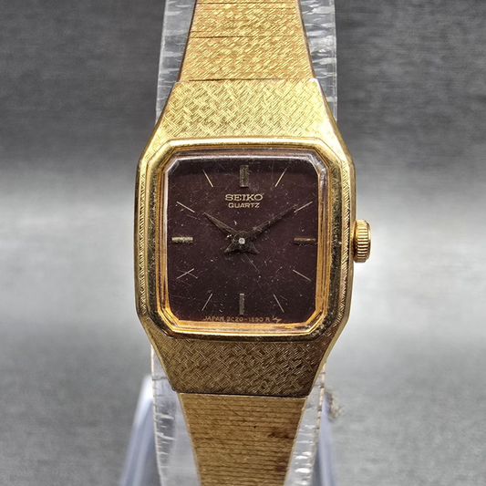 Seiko Watch Women 17mm Brown Dial Gold Tone Rectangle 2C20-5789 New Battery JP340