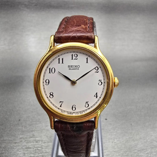 Seiko Watch Women 25mm White Dial Gold Tone Round V700-6091 New Battery Vintage0