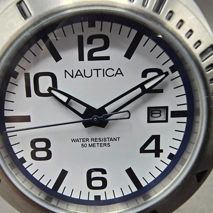 Nautica Dive Watch Men 39mm White Dial Silver Tone Date Round New Battery1