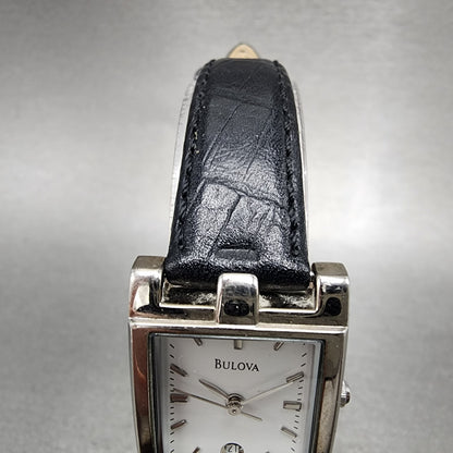 Bulova Tank Watch Women 21mm White Dial Silver Tone Date Rectangle New Battery