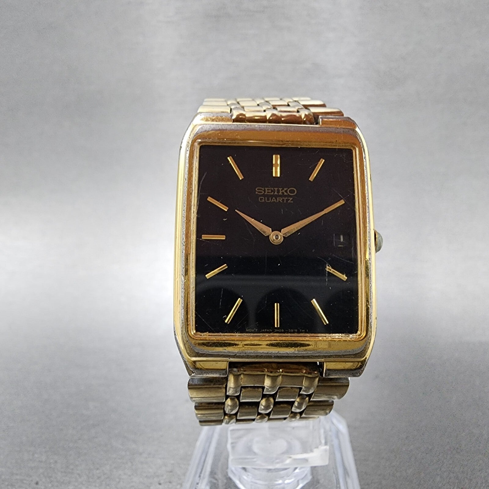 Seiko Tank Watch Men 27mm Black Dial Gold Tone Date 7n295b29 New Battery5