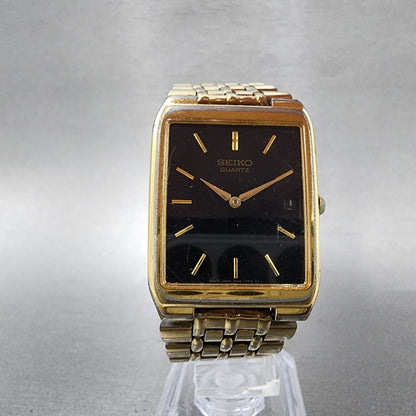 Seiko Tank Watch Men 27mm Black Dial Gold Tone Date 7n295b29 New Battery5