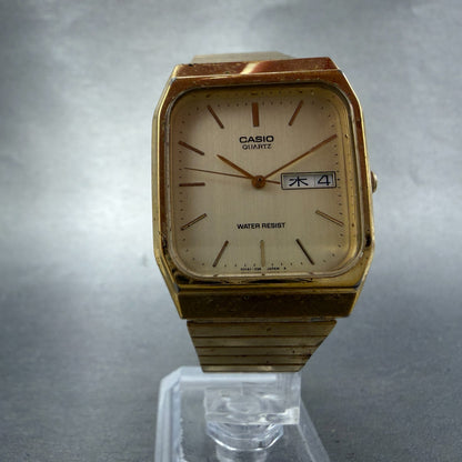 Casio MQ-518 Watch Men 30mm Champagne Dial Gold Tone Rectangle Daydate New BattF5
