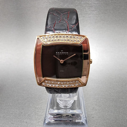 Skagen Watch Women 31mm Brown MOP Dial Rose Gold Tone Bling Bezel Rectangle Runs