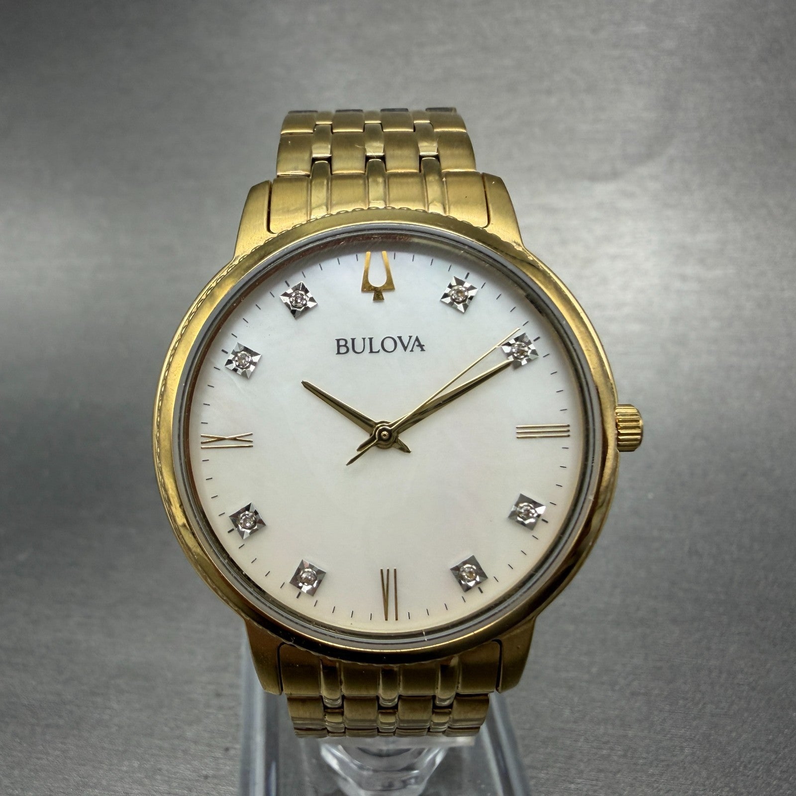 Bulova Watch Women 34mm MOP Dial Gold Tone Round 97P134 New Battery0