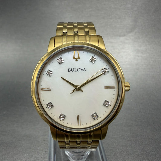 Bulova Watch Women 34mm MOP Dial Gold Tone Round 97P134 New Battery0