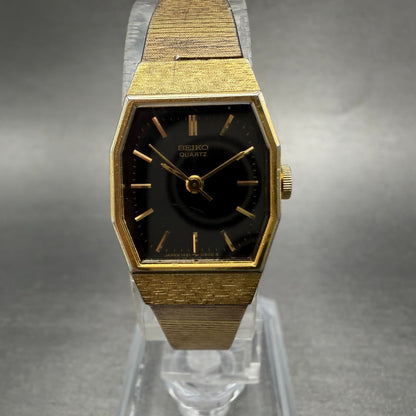 Seiko Watch Women 17mm Black Dial Gold Tone Octagon 1421-5530 New Battery0