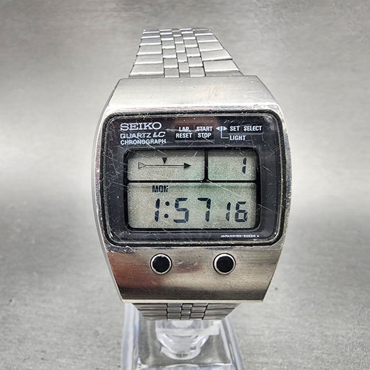 VTG Seiko Digital Watch Men 35mm Silver Tone Chronograph M159-5059 New Battery