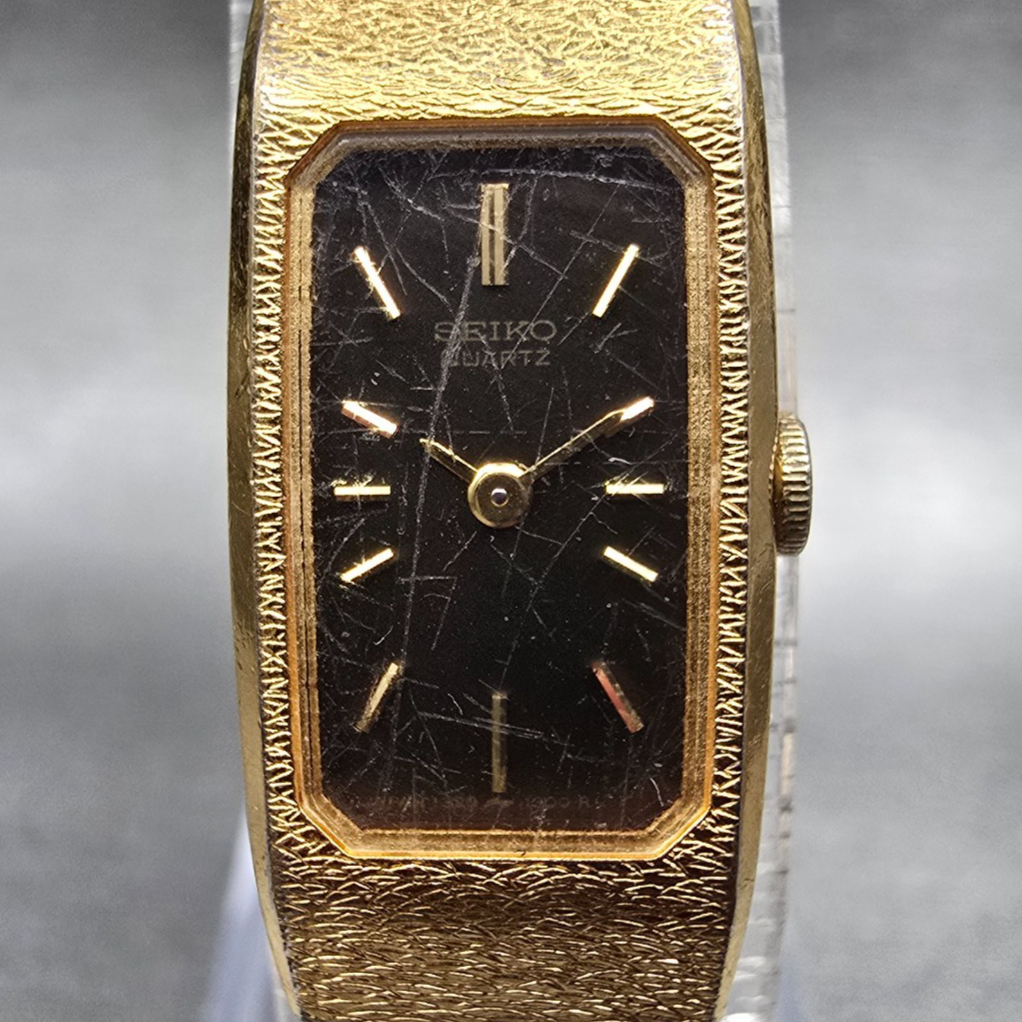 Seiko Watch Women 12mm Brown Dial Gold Tone Rectangle 1320-5990 New Battery1