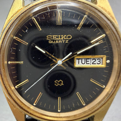 Seiko SQ Watch Men 35mm Black Dial Gold Tone Daydate Round 8223-8019 New Battery1